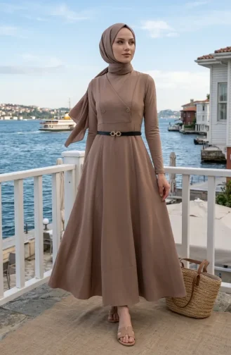 Düğmeli Kısa Kol Kemerli Jile Elbise 5095-05 Vizon