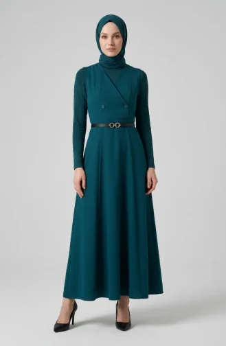 فستان صدرية بأكمام قصيرة وأزرار وحزام 5095-06 بترولي 5095-06