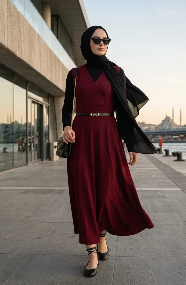 Düğmeli Kısa Kol Kemerli Jile Elbise 5095-07 Bordo