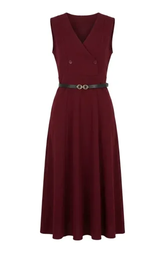 Düğmeli Kısa Kol Kemerli Jile Elbise 5095-07 Bordo