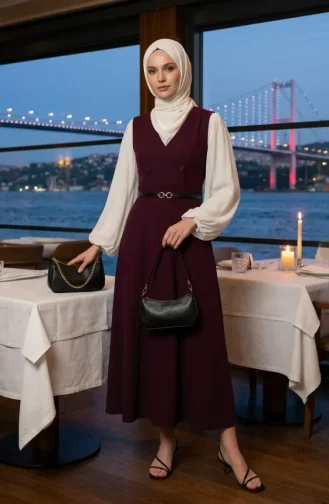 Düğmeli Kısa Kol Kemerli Jile Elbise 5095-08 Mürdüm