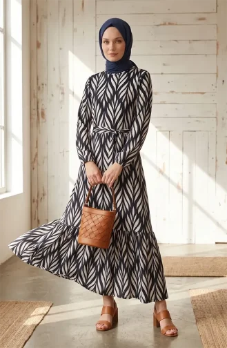 Crepe Fabric Gathered Belted Dress 0501-01 Navy Blue Ecru 0501-01