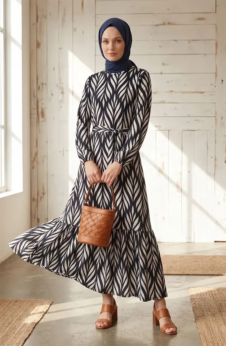 Crepe Fabric Gathered Belted Dress 0501-01 Navy Blue Ecru 0501-01