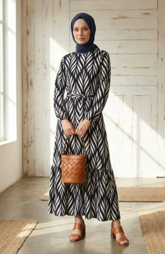 Crepe Fabric Gathered Belted Dress 0501-01 Navy Blue Ecru 0501-01