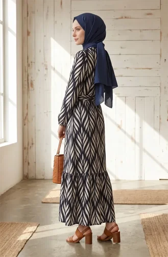 Crepe Fabric Gathered Belted Dress 0501-01 Navy Blue Ecru 0501-01