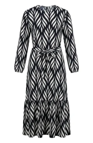 Crepe Fabric Gathered Belted Dress 0501-01 Navy Blue Ecru 0501-01