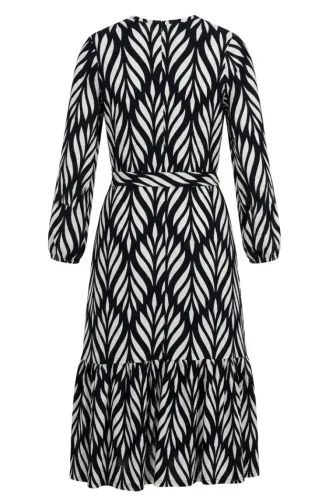 Crepe Fabric Gathered Belted Dress 0501-01 Navy Blue Ecru 0501-01