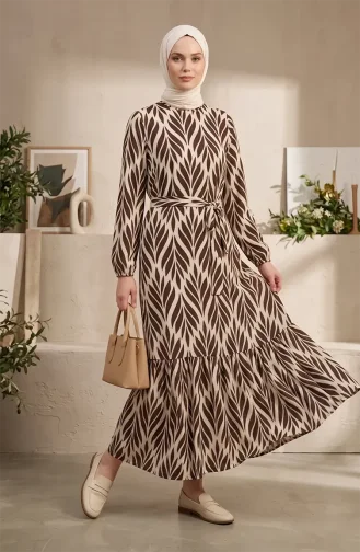 Kleid Aus Crêpe-Stoff Mit Raffungen Und Gürtel 0501-02 Braun/Ecru 0501-02