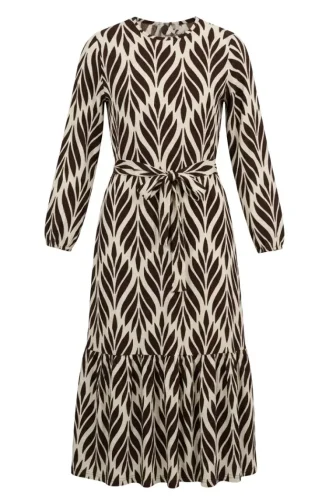Kleid Aus Crêpe-Stoff Mit Raffungen Und Gürtel 0501-02 Braun/Ecru 0501-02