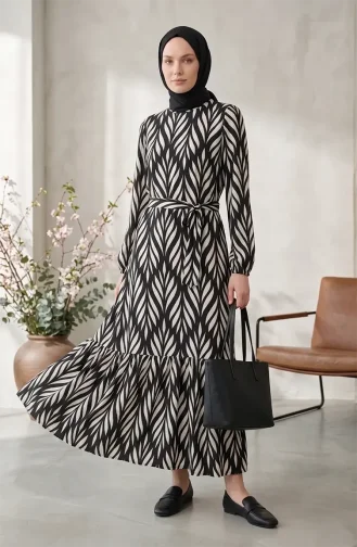 Crepe Fabric Gathered Belted Dress 0501-03 Black Ecru 0501-03