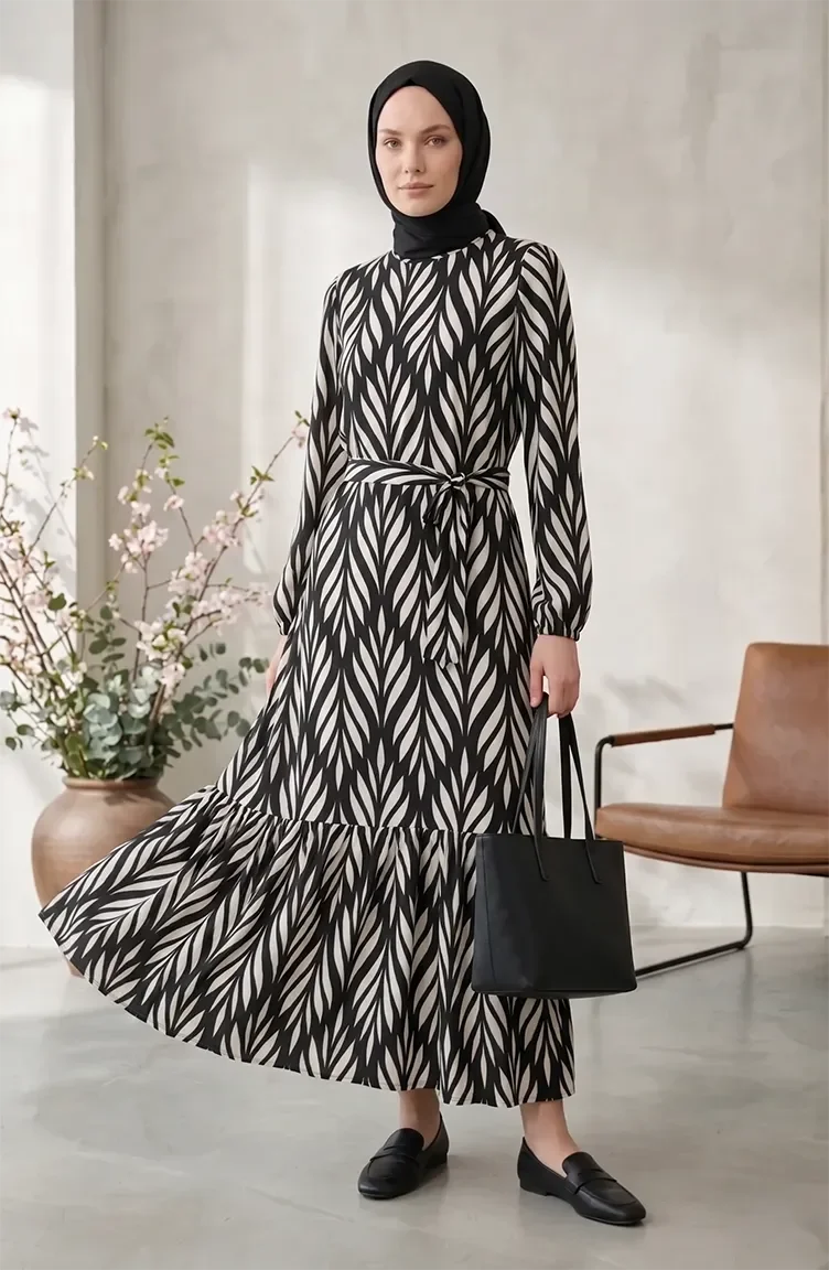 Crepe Fabric Gathered Belted Dress 0501-03 Black Ecru 0501-03