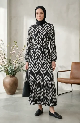 Crepe Fabric Gathered Belted Dress 0501-03 Black Ecru 0501-03