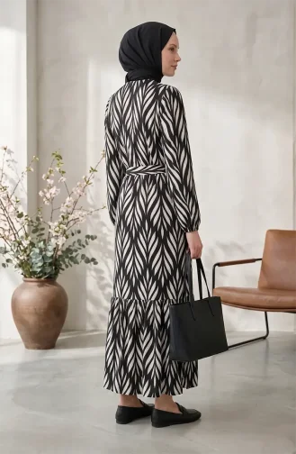 Crepe Fabric Gathered Belted Dress 0501-03 Black Ecru 0501-03