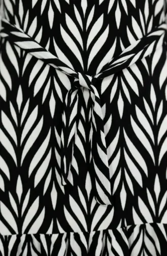 Crepe Fabric Gathered Belted Dress 0501-03 Black Ecru 0501-03