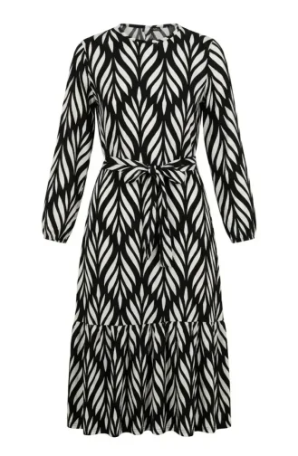 Crepe Fabric Gathered Belted Dress 0501-03 Black Ecru 0501-03