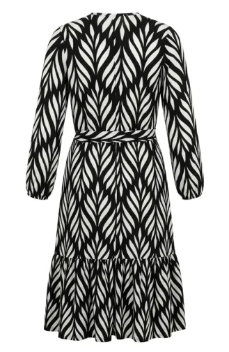 Crepe Fabric Gathered Belted Dress 0501-03 Black Ecru 0501-03