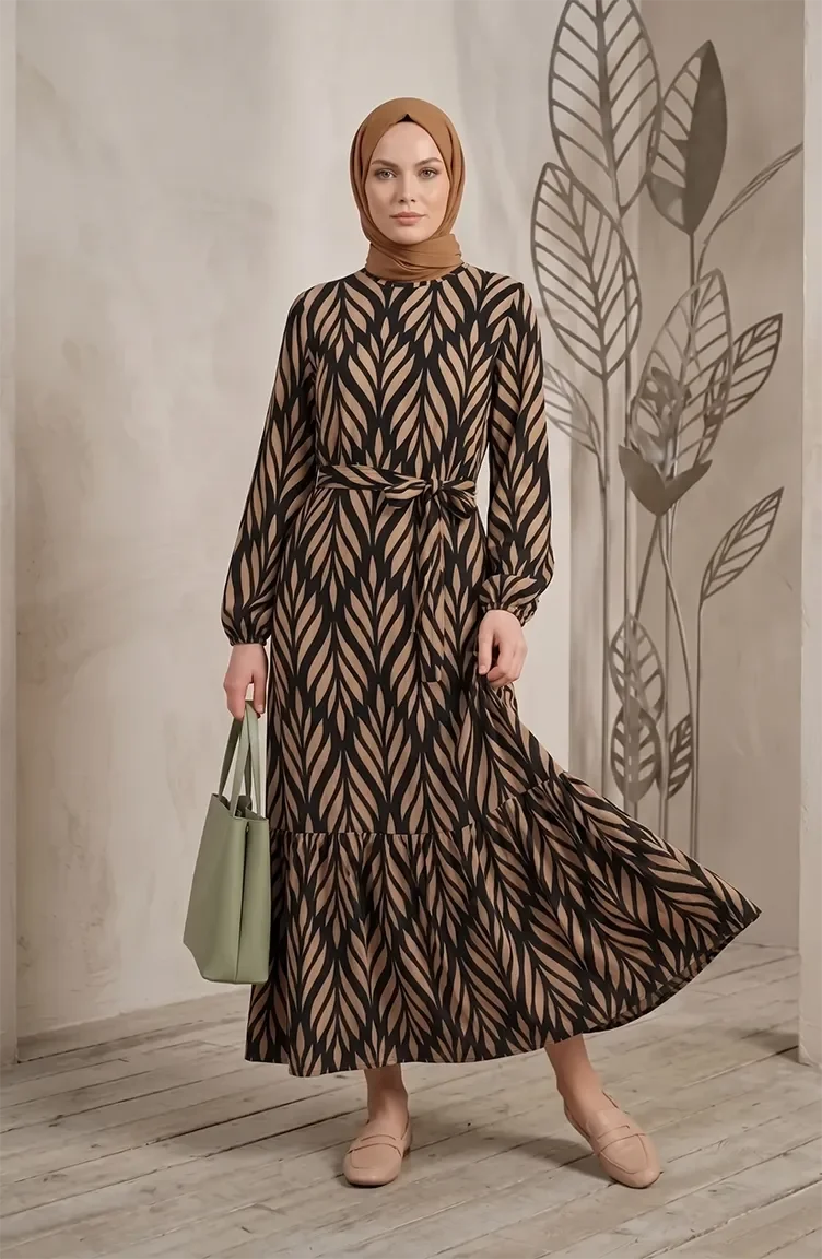 Crepe Fabric Gathered Belted Dress 0501-04 Black Mink 0501-04