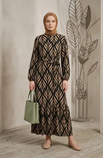 Crepe Fabric Gathered Belted Dress 0501-04 Black Mink 0501-04