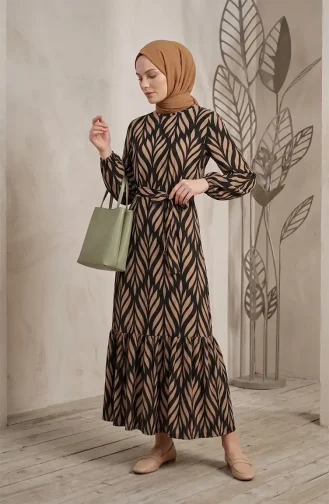 Crepe Fabric Gathered Belted Dress 0501-04 Black Mink 0501-04