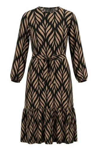 Crepe Fabric Gathered Belted Dress 0501-04 Black Mink 0501-04