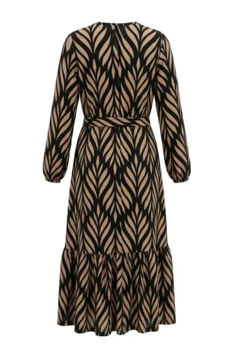 Crepe Fabric Gathered Belted Dress 0501-04 Black Mink 0501-04