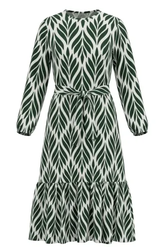Kleid Aus Crêpe-Stoff Mit Raffungen Und Gürtel 0501-05 Smaragdgrün/Ecru 0501-05