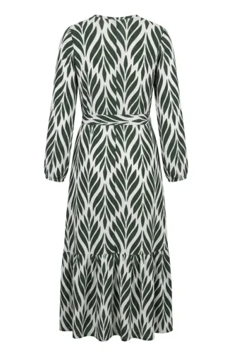 Kleid Aus Crêpe-Stoff Mit Raffungen Und Gürtel 0501-05 Smaragdgrün/Ecru 0501-05