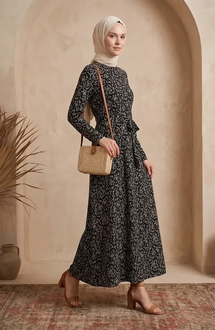 Patterned Belted Dress With Crepe Fabric 0503-01 Black 0503-01