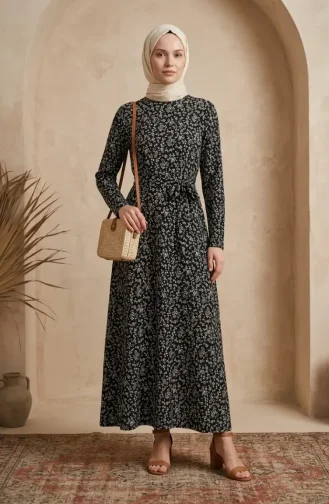 Patterned Belted Dress With Crepe Fabric 0503-01 Black 0503-01