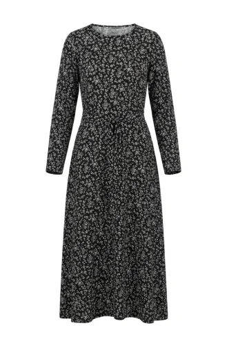 Patterned Belted Dress With Crepe Fabric 0503-01 Black 0503-01
