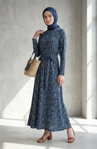 Crinkle Fabric Patterned Belted Dress 0503-02 Petrol 0503-02