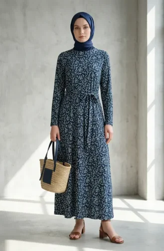 Crinkle Fabric Patterned Belted Dress 0503-02 Petrol 0503-02