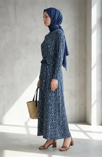 Crinkle Fabric Patterned Belted Dress 0503-02 Petrol 0503-02