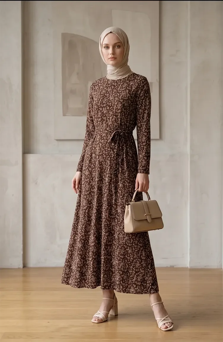 Patterned Belted Dress With Crepe Fabric 0503-03 Brown 0503-03