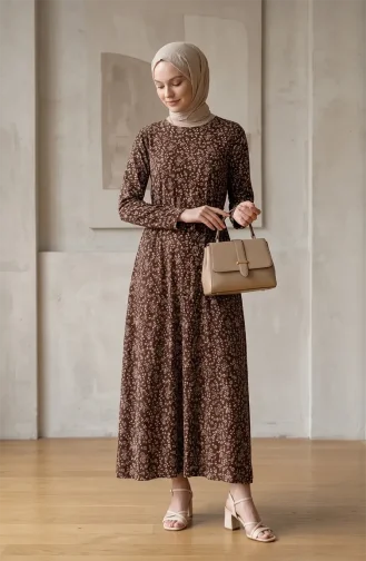 Patterned Belted Dress With Crepe Fabric 0503-03 Brown 0503-03