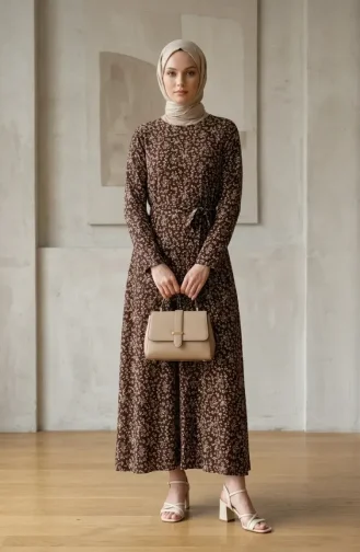 Patterned Belted Dress With Crepe Fabric 0503-03 Brown 0503-03