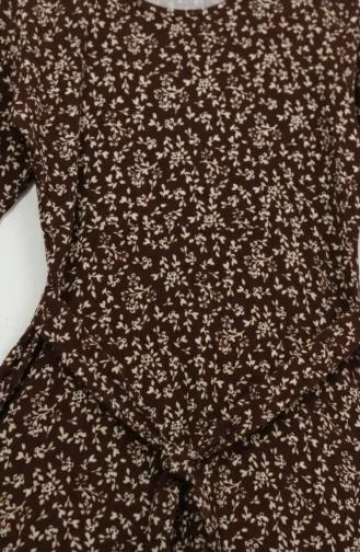Patterned Belted Dress With Crepe Fabric 0503-03 Brown 0503-03