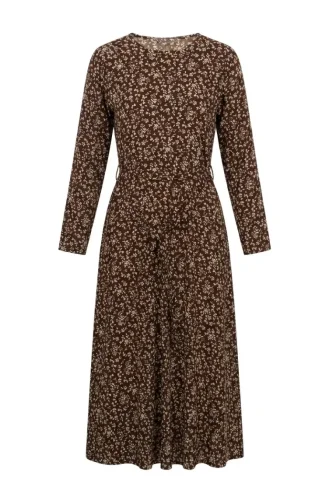 Patterned Belted Dress With Crepe Fabric 0503-03 Brown 0503-03