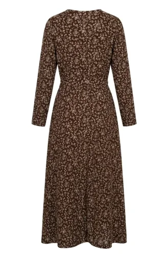 Patterned Belted Dress With Crepe Fabric 0503-03 Brown 0503-03