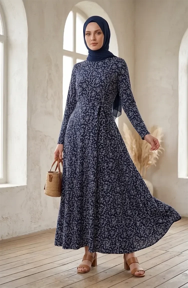 Patterned Belted Dress With Crepe Fabric 0503-04 Navy Blue 0503-04