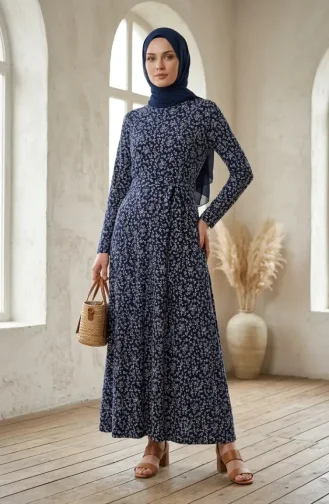 Patterned Belted Dress With Crepe Fabric 0503-04 Navy Blue 0503-04