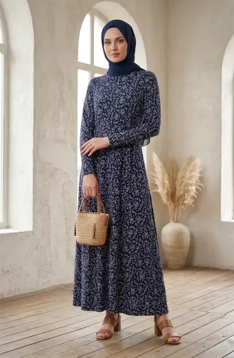 Patterned Belted Dress With Crepe Fabric 0503-04 Navy Blue 0503-04