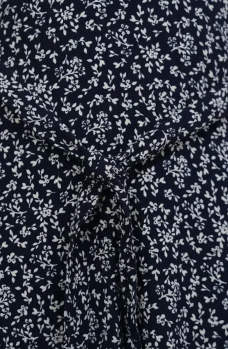 Patterned Belted Dress With Crepe Fabric 0503-04 Navy Blue 0503-04