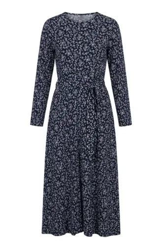 Patterned Belted Dress With Crepe Fabric 0503-04 Navy Blue 0503-04