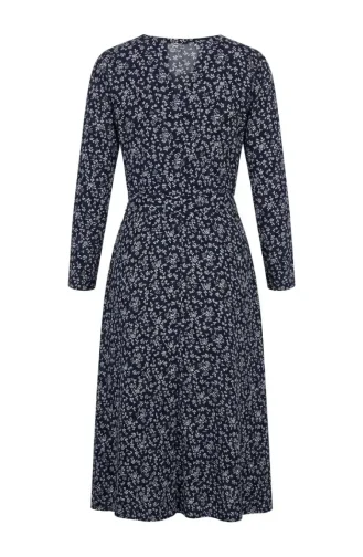 Patterned Belted Dress With Crepe Fabric 0503-04 Navy Blue 0503-04