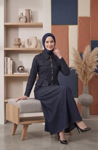 طقم من قطعتين بأزرار كبس ورباط 0501-03 أزرق داكن 0501-03