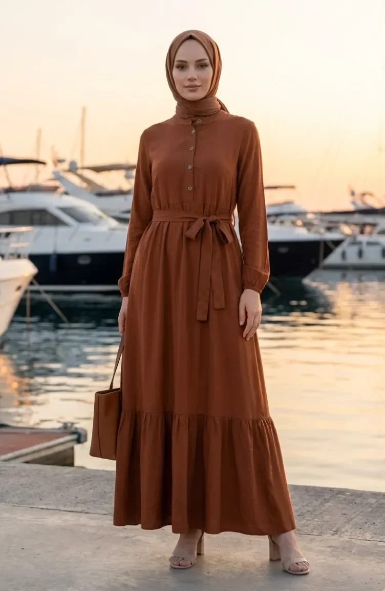 Stehkragenkleid Mit Gürtel Aus Viskose Modell 4077-02 Braun 4077-02