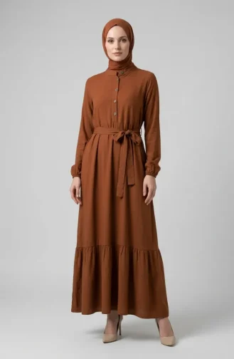 Stehkragenkleid Mit Gürtel Aus Viskose Modell 4077-02 Braun 4077-02