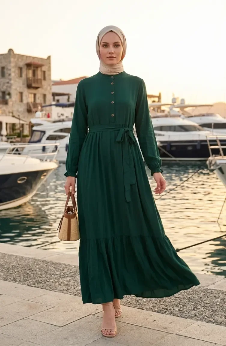 Viskosekleid Mit Stehkragen Und Gürtel 4077-03 Smaragdgrün 4077-03