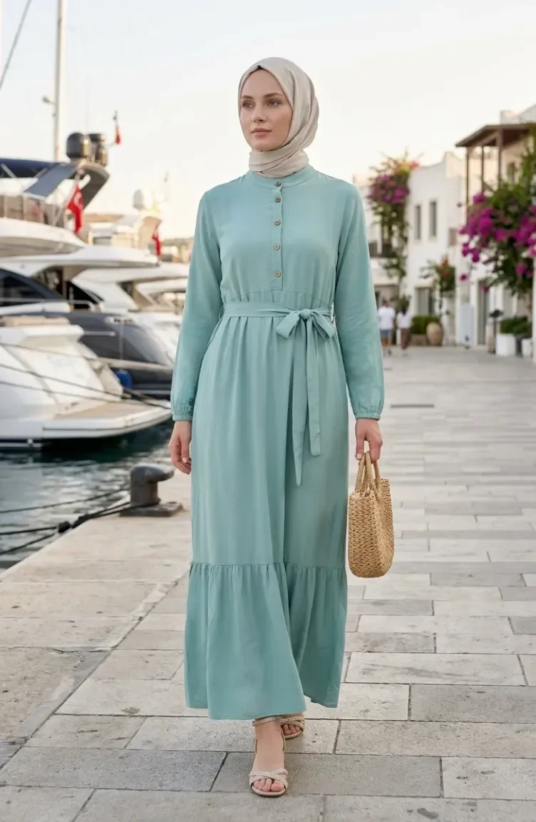 Robe En Viscose à Col Montant Et Ceinture Vert Clair 4077-08 4077-08
